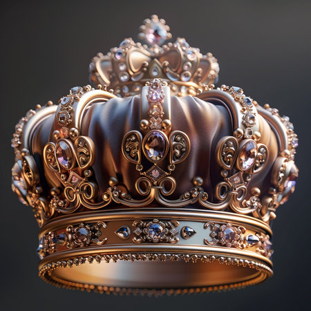An opulent gold crown featuring a rich fabric base, intricately detailed with sparkling gemstones and ornate golden embellishments. Majestic royal headwear.の素材