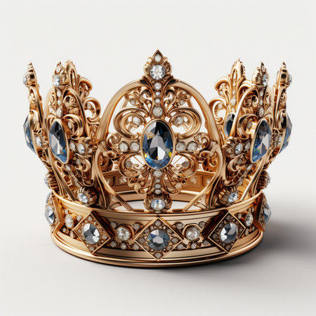 A detailed 3D render of an ornate gold crown adorned with large blue gemstones and sparkling diamonds, set against a clean white background.の素材