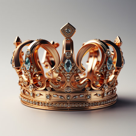 A detailed, luxurious golden crown featuring vibrant blue gemstones and sparkling diamonds, set against a neutral background. Regal and opulent.の素材