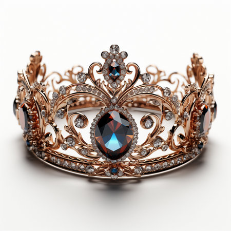 A detailed close-up of an ornate rose gold crown, adorned with sparkling diamonds and a prominent deep blue gemstone, set against a clean white background.の素材