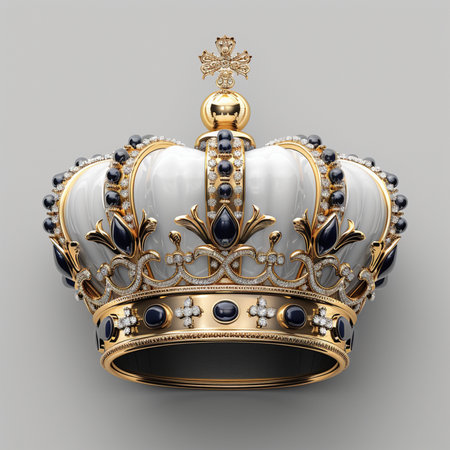 A highly detailed royal crown crafted from gold and white material, adorned with deep blue gems and sparkling diamonds, set against a neutral background.の素材