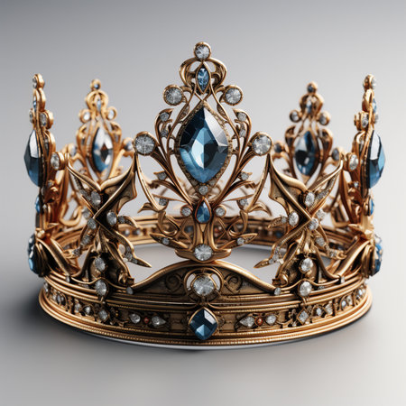 A detailed, ornate gold crown featuring large blue gemstones and sparkling white diamonds, set against a neutral background. Symbol of royalty and luxury.の素材