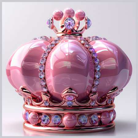 A glamorous, shiny pink crown adorned with sparkling diamonds and elegant pearls, set against a clean white background. Luxurious royal symbol.の素材