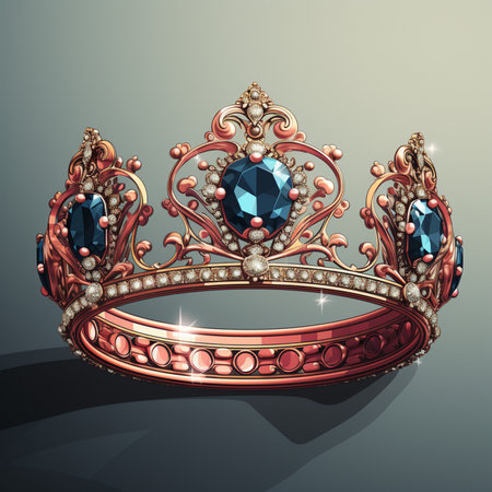 An opulent royal crown crafted from gold, adorned with large blue gemstones and smaller diamonds, casting a striking shadow.の素材