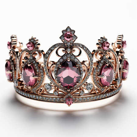 An exquisite rose gold crown adorned with large pink gemstones and sparkling diamonds, set against a clean white background. A symbol of royalty and elegance.の素材
