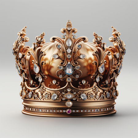 An ornate golden crown lavishly decorated with numerous sparkling diamonds and precious gemstones on a neutral background.の素材