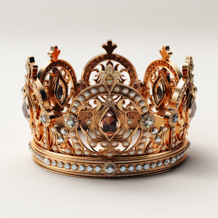 An ornate, detailed gold crown adorned with sparkling diamonds and a large central gemstone, on a clean white background.の素材
