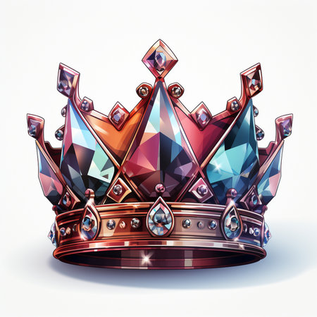A luxurious, ornate crown adorned with colorful, faceted gemstones and intricate metalwork, presented on a clean white background.の素材