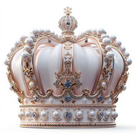 An opulent and majestic royal crown adorned with intricate details, lustrous pearls, and sparkling diamonds, symbolizing wealth and prestige.の素材