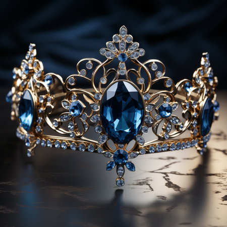 An exquisite gold tiara adorned with large blue gemstones and sparkling diamonds, symbolizing royalty and elegance.の素材