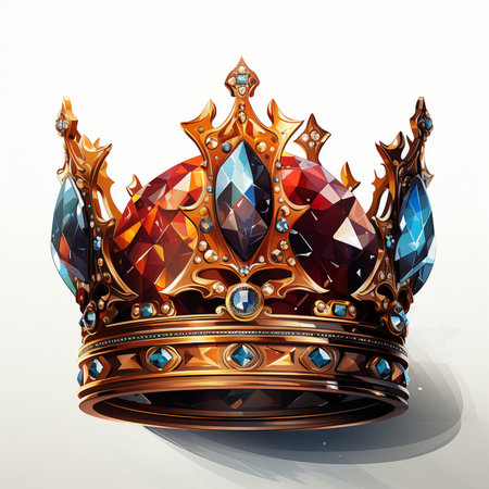 An ornate, realistic illustration of a royal crown crafted from gold and adorned with large, faceted red and blue gemstones, set against a white background.の素材