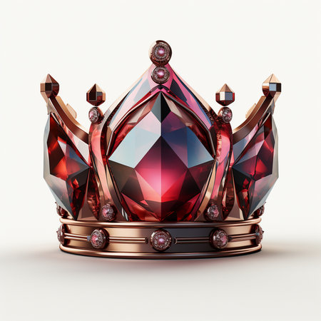 A stunning, ornate crown adorned with shimmering red gemstones and intricate gold detailing, presented on a clean white background.の素材