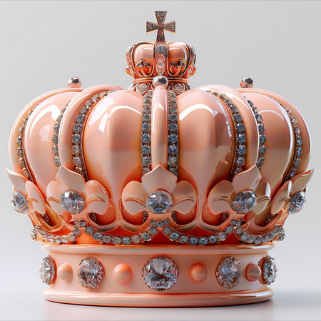 A detailed, opulent rose gold crown adorned with sparkling diamonds and lustrous pearls, symbolizing royalty and prestige.の素材