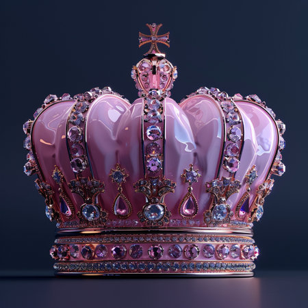 A stunning, ornate pink crown adorned with sparkling diamonds and precious jewels, radiating opulence and regality.の素材