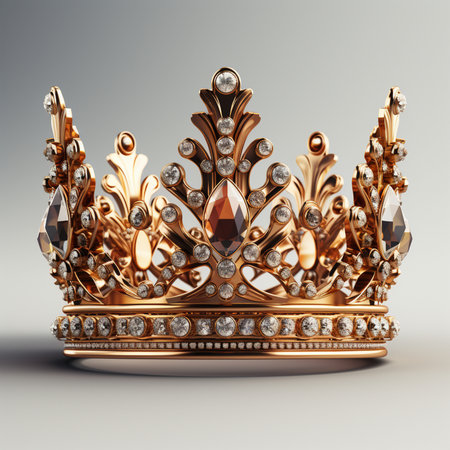 An exquisite gold crown adorned with numerous sparkling diamonds and a prominent central gemstone, set against a neutral background.の素材