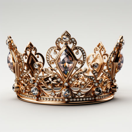 A detailed, ornate gold crown adorned with sparkling diamonds and a large central gemstone, displayed on a clean white background.の素材