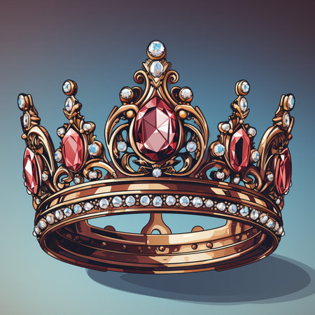 A detailed illustration of a royal gold crown adorned with large red gemstones and sparkling diamonds on a blue gradient background.の素材