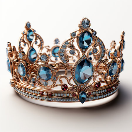 An intricately designed golden crown featuring large blue gemstones and sparkling diamonds, symbolizing royalty and luxury.の素材