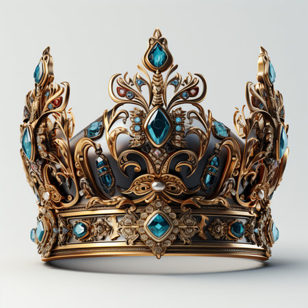 A luxurious and intricate golden crown adorned with dazzling blue gemstones and pearls, set against a clean white background.の素材