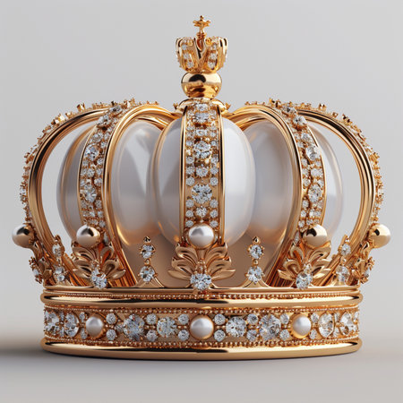 An ornate, opulent golden crown, intricately decorated with sparkling diamonds and lustrous pearls, presented on a plain background.の素材