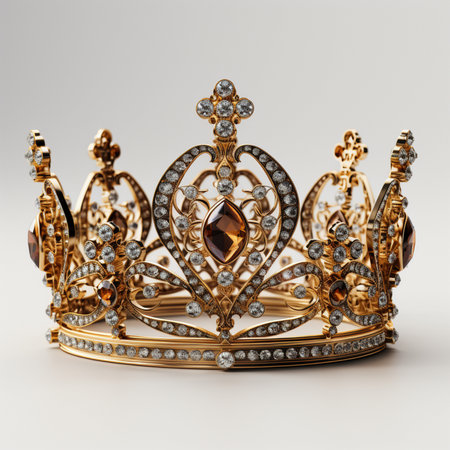 A detailed golden crown, intricately designed with sparkling diamonds and rich, brown gemstones, presented on a clean white background.の素材