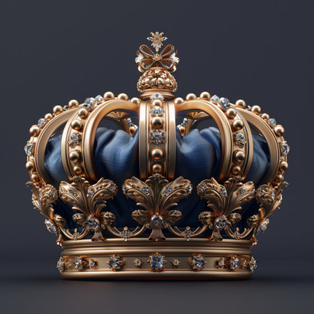 A detailed, regal golden crown adorned with sparkling diamonds and a rich blue fabric interior, presented on a dark background.の素材