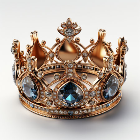 A luxurious, detailed golden crown adorned with large blue gemstones and sparkling diamonds, set against a clean white background.の素材