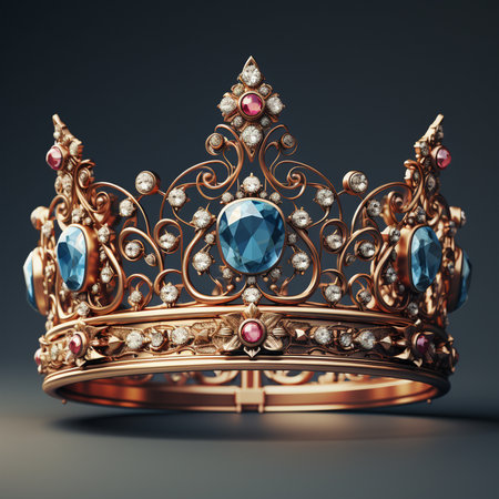 A detailed 3D render of an ornate golden crown adorned with large blue and small red gemstones and sparkling diamonds, set against a dark background.の素材