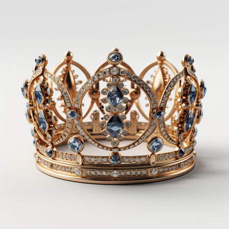 A detailed, luxurious gold crown adorned with striking blue and clear gemstones, presented on a clean white background.の素材