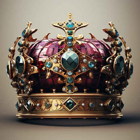 A majestic and detailed golden crown adorned with large, deep red faceted gemstones and smaller blue and clear accent stones, presented on a neutral background.の素材