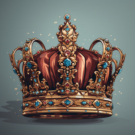A detailed illustration of a regal, antique golden crown adorned with blue and red gemstones, set against a muted background.の素材