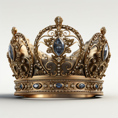 A detailed, opulent golden crown, intricately designed with precious blue gemstones and sparkling diamonds, set against a clean white background.の素材