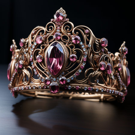 A close-up, detailed view of an exquisite golden tiara, lavishly embellished with large pink gemstones and sparkling diamonds, set against a dark background.の素材