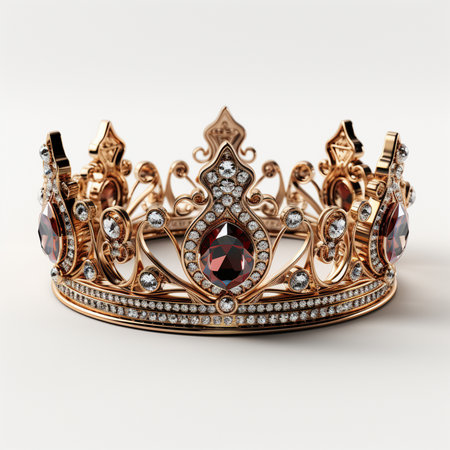 A detailed, ornate gold crown adorned with large red gemstones and sparkling diamonds, set against a clean white background.の素材