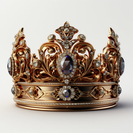 A detailed close-up of an ornate golden crown, lavishly decorated with sparkling blue and white gemstones, set against a clean white background.の素材