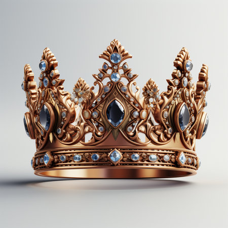A detailed, antique-style golden crown featuring intricate metalwork, prominent blue diamonds, and sparkling white gemstones, displayed on a neutral background.の素材