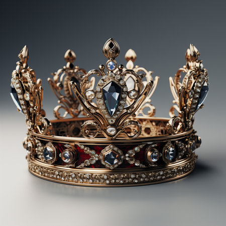 A detailed close-up of a luxurious golden crown featuring large blue and sparkling white gemstones, set against a neutral background.の素材