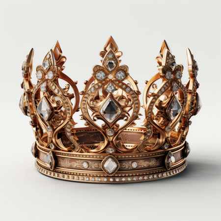 A luxurious and detailed golden crown, lavishly decorated with sparkling diamonds and precious gemstones, resting on a plain white background.の素材