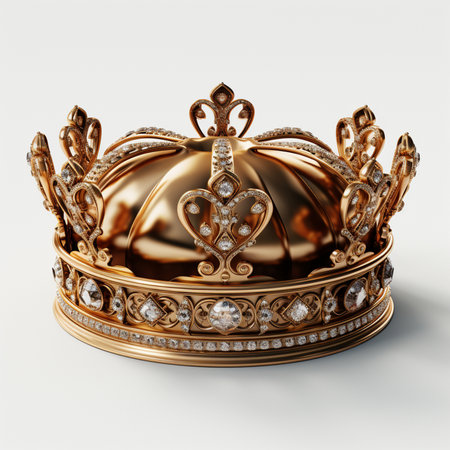 A close-up studio shot of a luxurious, ornate golden crown adorned with sparkling diamonds, set against a clean white background.の素材