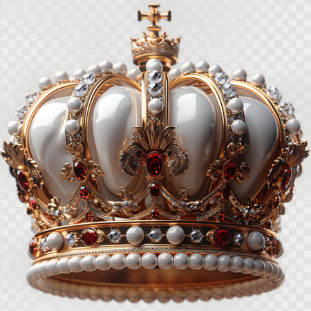 A luxurious, regal gold crown adorned with white pearls, sparkling diamonds, and deep red rubies, exuding wealth and power.の素材