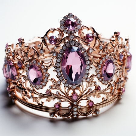 A detailed rose gold tiara embellished with oval and round pink gemstones and sparkling clear crystals. Luxurious crown for special occasions.の素材