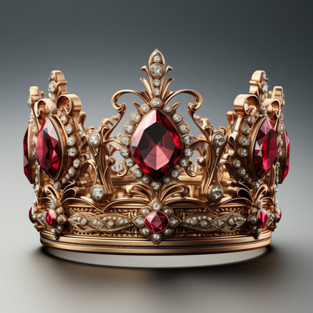 Crown with gems on a gray background. 3d rendering.の素材