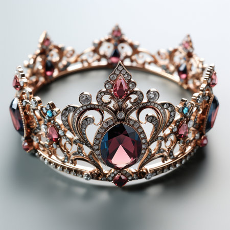 A detailed rose gold tiara adorned with precious ruby and diamond gemstones, showcasing intricate craftsmanship and elegant design.の素材