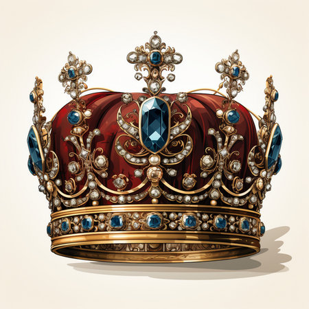 A detailed illustration of a luxurious, ornate crown featuring a rich red velvet base, gold accents, and sparkling blue gemstones.の素材