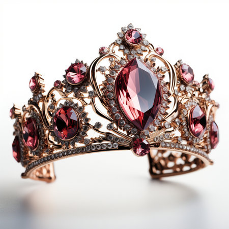 A luxurious rose gold tiara adorned with deep red rubies and sparkling diamonds, showcasing intricate craftsmanship and regal elegance.の素材