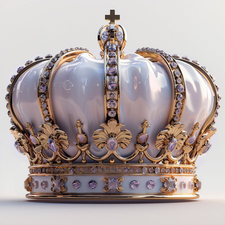 A detailed, ornate royal crown crafted from white material, adorned with sparkling gems and intricate gold detailing, symbolizing power and luxury.の素材