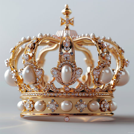 An exquisite, ornate gold crown embellished with lustrous pearls and sparkling diamonds, signifying royalty and luxury.の素材