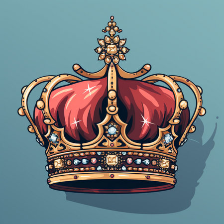 A richly decorated royal crown featuring red velvet, gold accents, and sparkling gemstones. Isolated on a teal background with a subtle shadow.の素材
