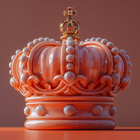 A detailed, ornate crown featuring golden elements and pearls, set against a warm coral-toned background.の素材