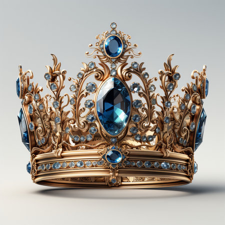 A luxurious, ornate golden crown adorned with large and small blue gemstones, showcasing intricate detailing and regal design. Isolated on a neutral background.の素材